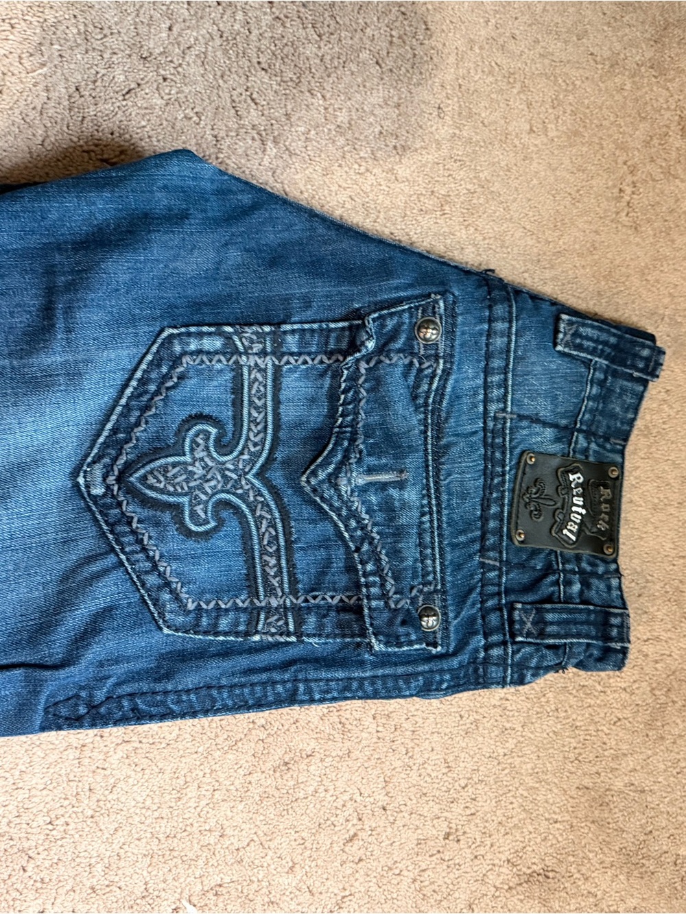 Rock Revival Blue Distressed Embroidered Pocket Bootcut Jeans